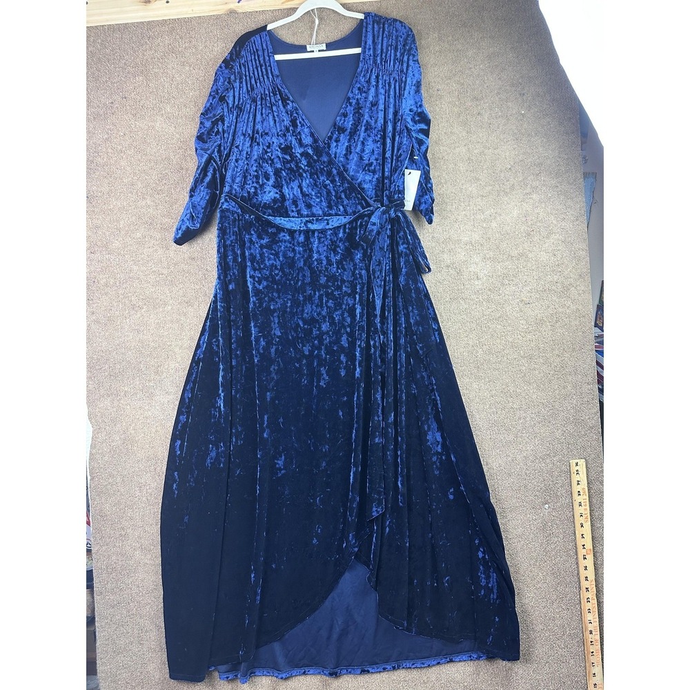Kiyonna Dress Womens 3 Blue Velvet Wrap Hi-Low Maxi Lined Pleated V-Neck